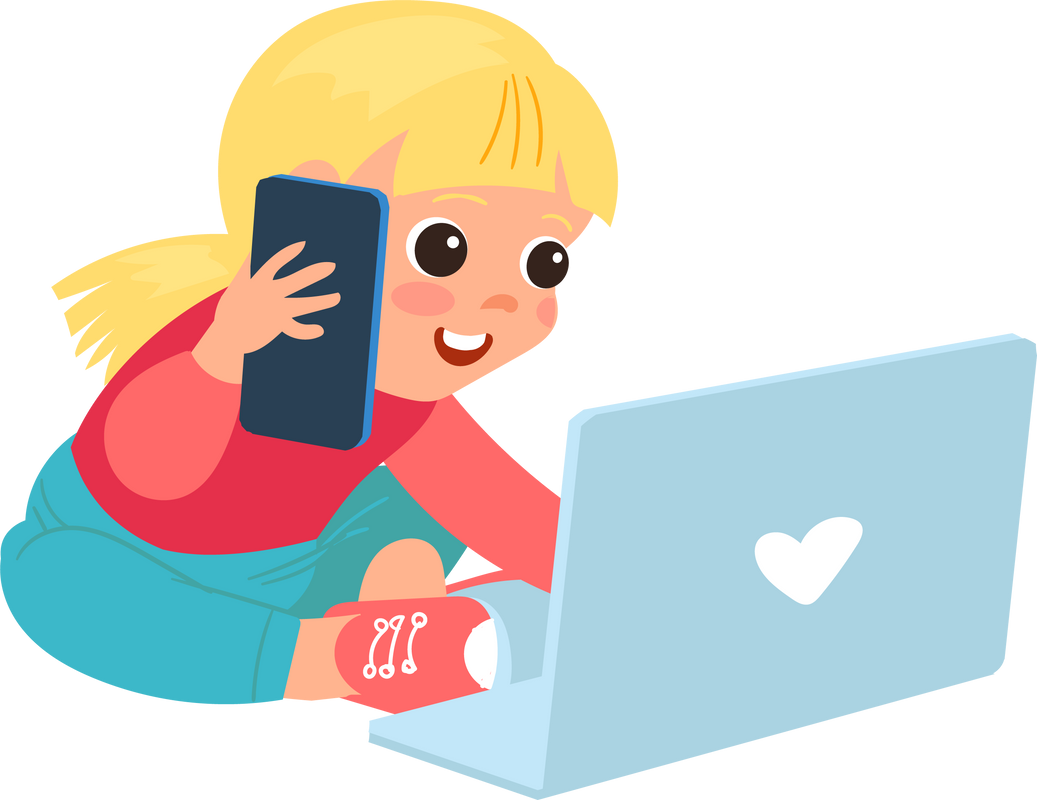 Little girl with phone and laptop. Child using gadgets