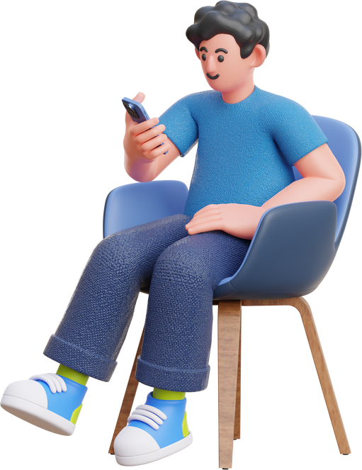 3D Character Male Look at Smartphone Sitting on Chair
